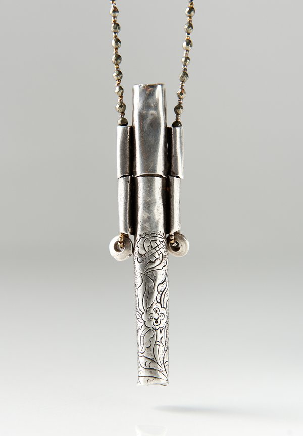 Pamela Adger Antique Silver Needle Case Pendant and Pyrite Necklace	