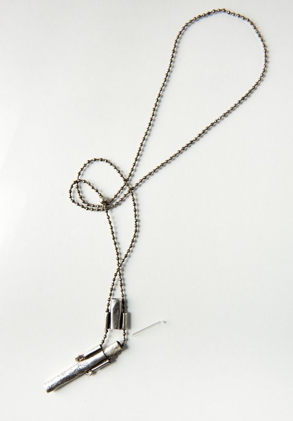 Pamela Adger Antique Silver Needle Case Pendant and Pyrite Necklace	