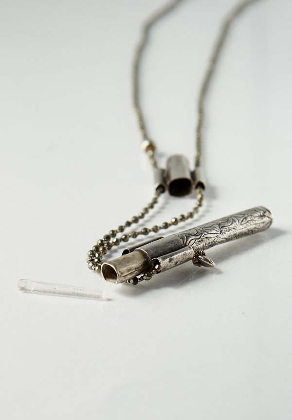 Pamela Adger Antique Silver Needle Case Pendant and Pyrite Necklace	