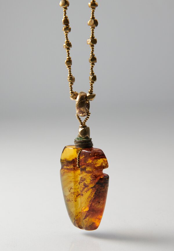 Pamela Adger Amber Pendant with Vintage Bronze and Brass Bead Necklace	