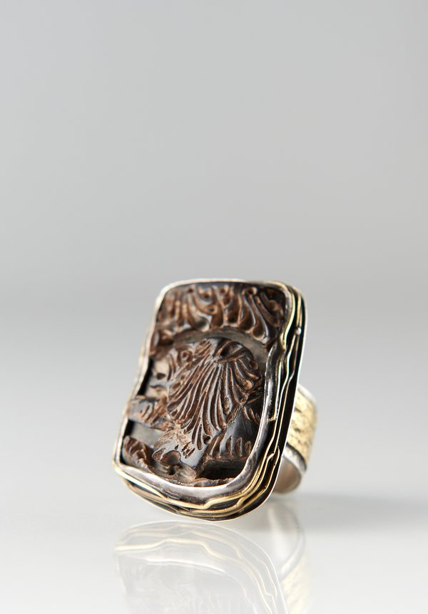 Pamela Adger Carved Horn, Lion Motif Ring	