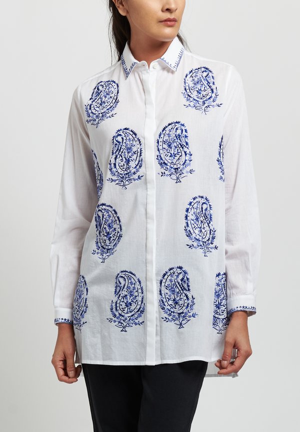 Etro Cotton with Silk Embroidered Paisley Shirt in Blue/ White