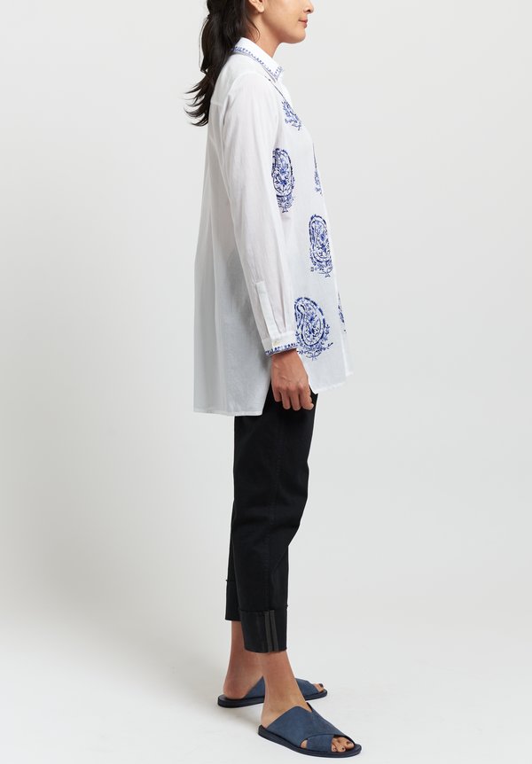 Etro Cotton with Silk Embroidered Paisley Shirt in Blue/ White