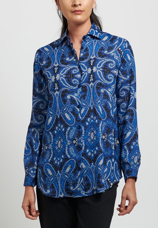 Etro Ramie Relaxed Paisley Cutaway Collar Shirt in Blue