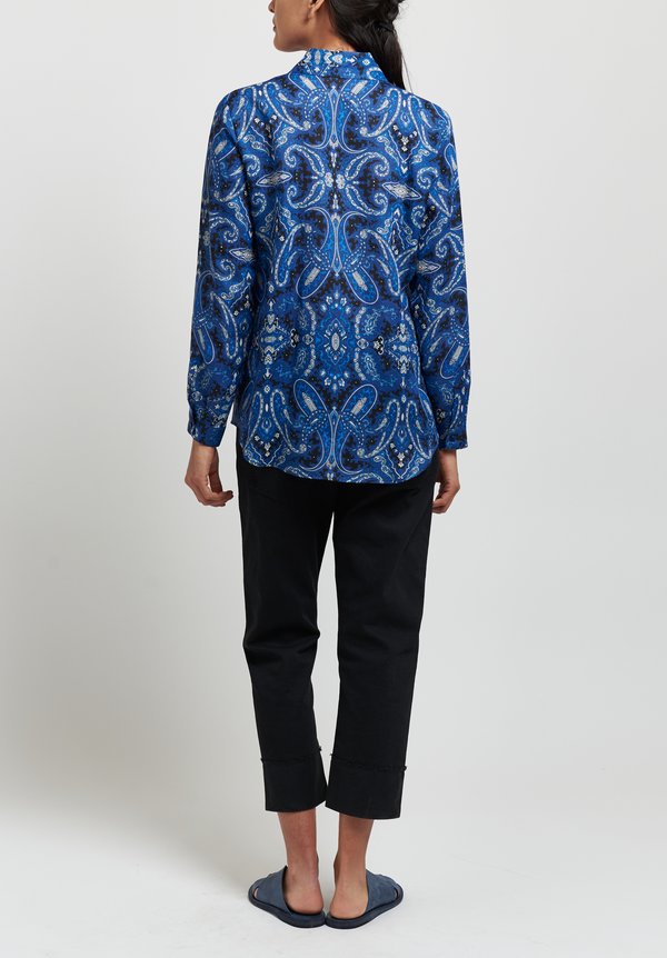 Etro Ramie Relaxed Paisley Cutaway Collar Shirt in Blue