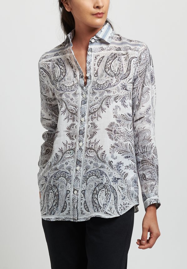 Etro Ramie Relaxed Paisley Cutaway Collar Shirt in White
