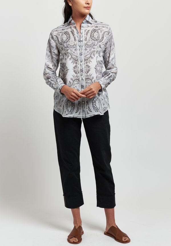 Etro Ramie Relaxed Paisley Cutaway Collar Shirt in White