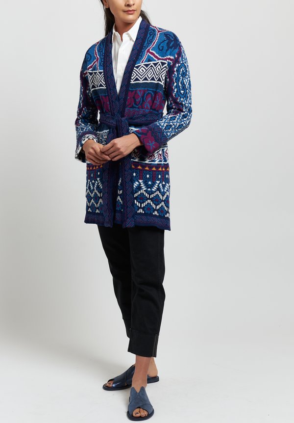 Etro Cotton/ Silk Belted Knit Cardigan in Blue/ Purple