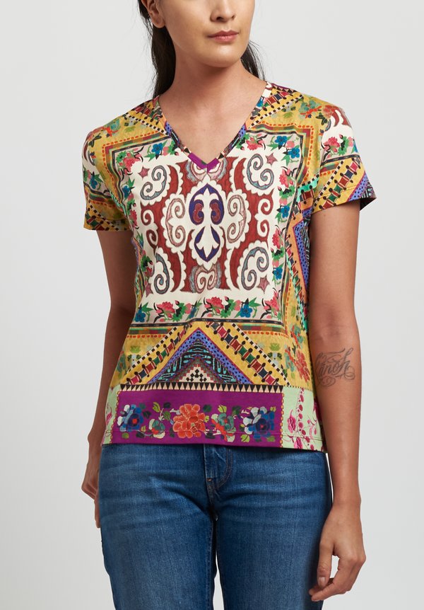 Etro Cotton Printed V-Neck T-Shirt in Yellow