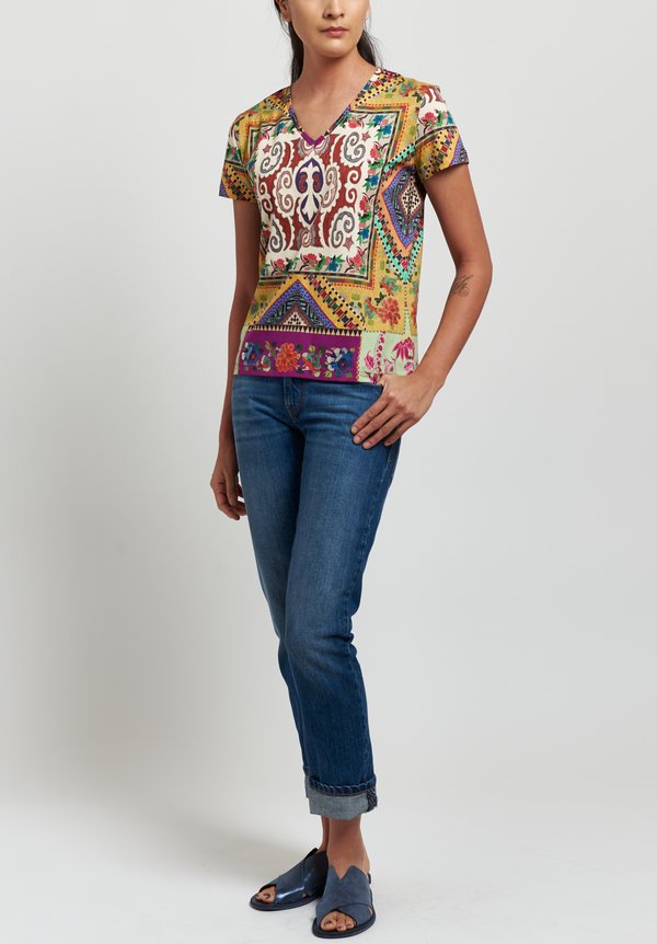 Etro Cotton Printed V-Neck T-Shirt in Yellow