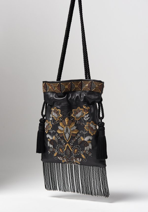Etro Goatskin Leather & Floral Beaded Cinch Top Bag	