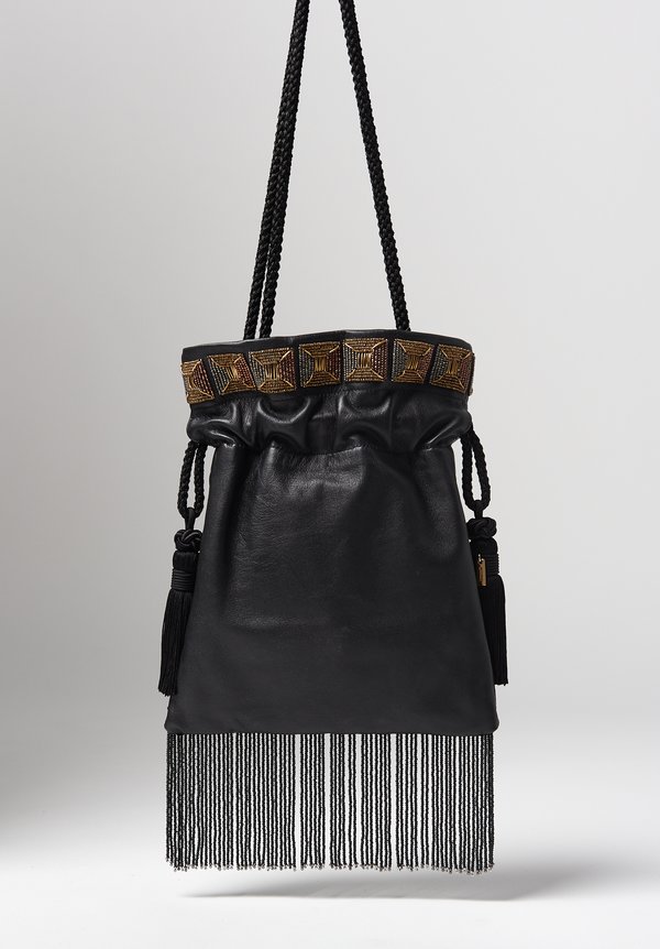 Etro Goatskin Leather & Floral Beaded Cinch Top Bag	