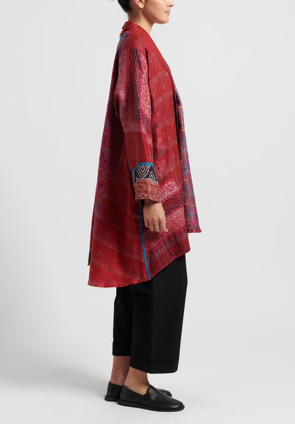 Mieko Mintz 2-Layer Vintage Silk Long Kimono Jacket in Red	