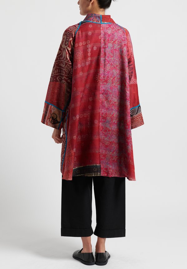 Mieko Mintz 2-Layer Vintage Silk Long Kimono Jacket in Red	