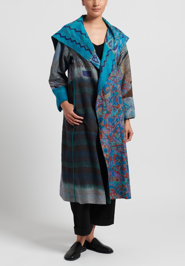 Mieko Mintz 2-Layer Vintage Silk A-Line Long Jacket in Blue/ Teal ...