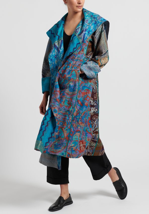 Mieko Mintz 2-Layer Vintage Silk A-Line Long Jacket in Blue/ Teal