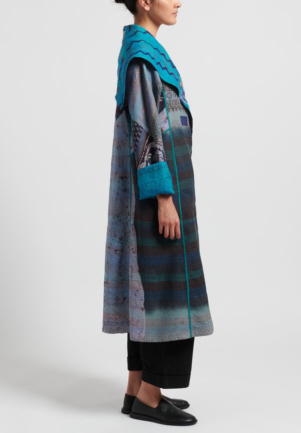 Mieko Mintz 2-Layer Vintage Silk A-Line Long Jacket in Blue/ Teal