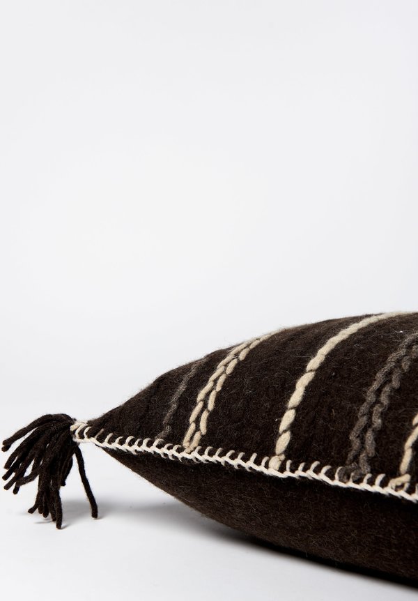 British Wool Striped & Tassel Small Square Cushion in Dark Brown