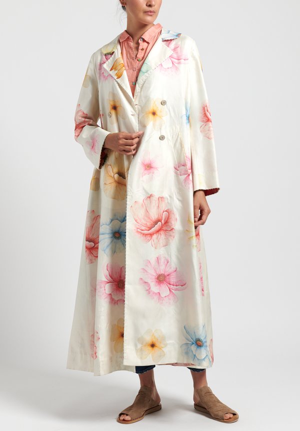 Péro Silk Floral Double Breasted Coat in White