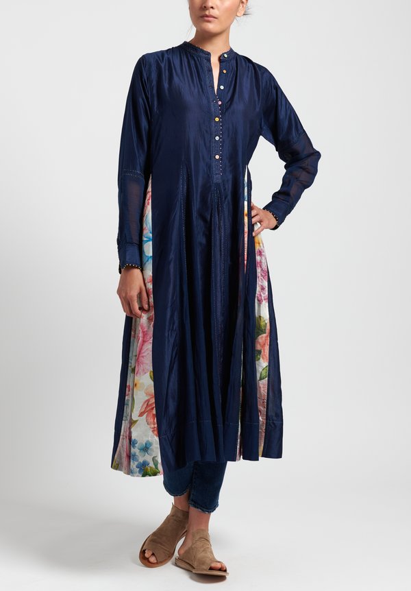 Péro Cotton/ Silk Long Dress with Floral Panels in Navy