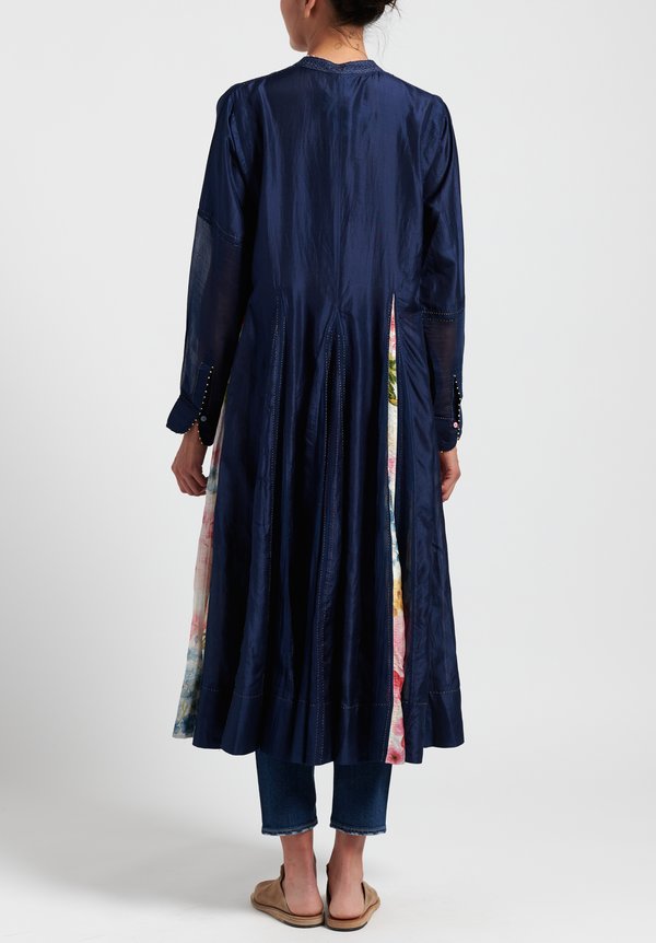 Péro Cotton/ Silk Long Dress with Floral Panels in Navy