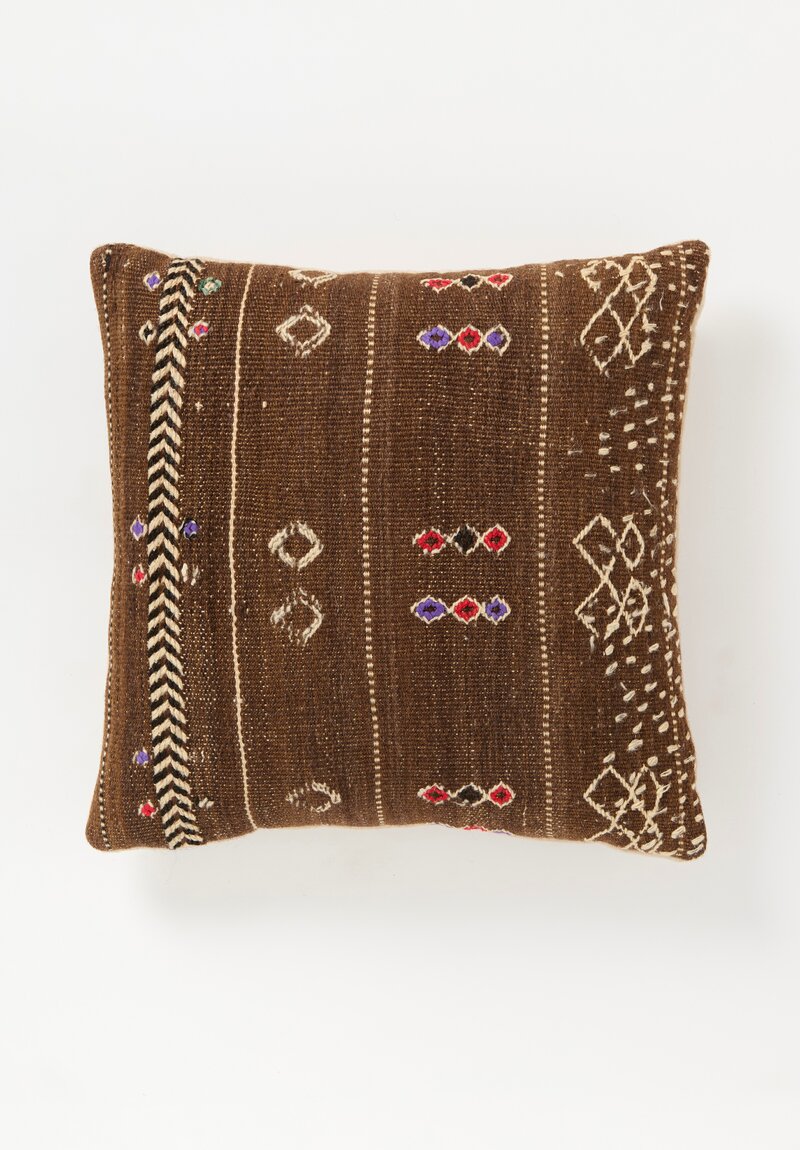 Antique and Vintage Wool Hand-Loomed Moroccan Square Pillow in Brown	