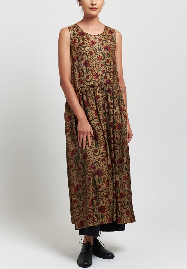 Uma Wang Moulay Ardal Sleeveless Floral Dress in Tan/ Red