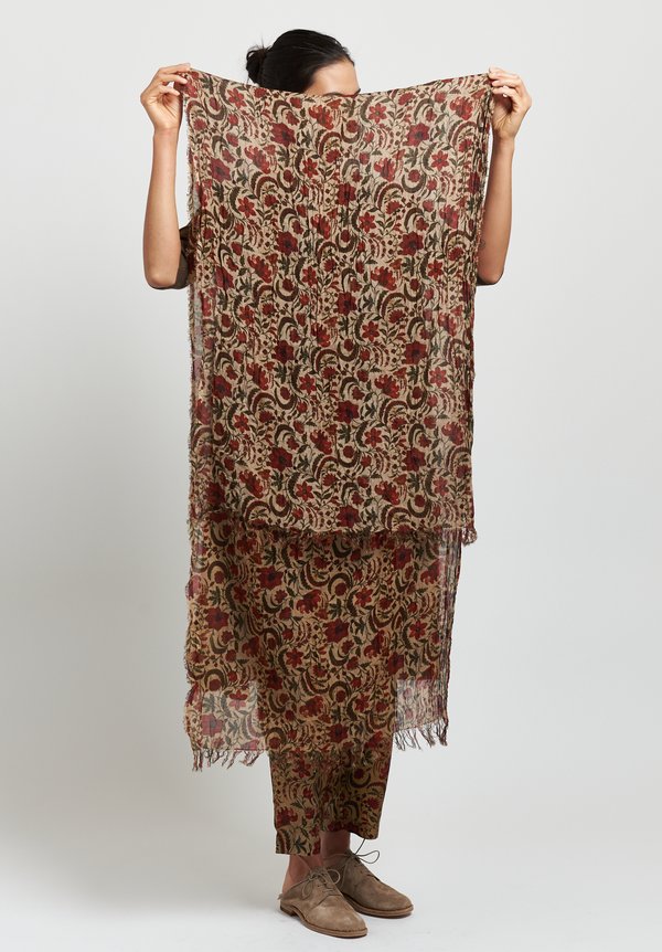 	Uma Wang Floral Print Frayed Edge Scarf in Tan/Red
