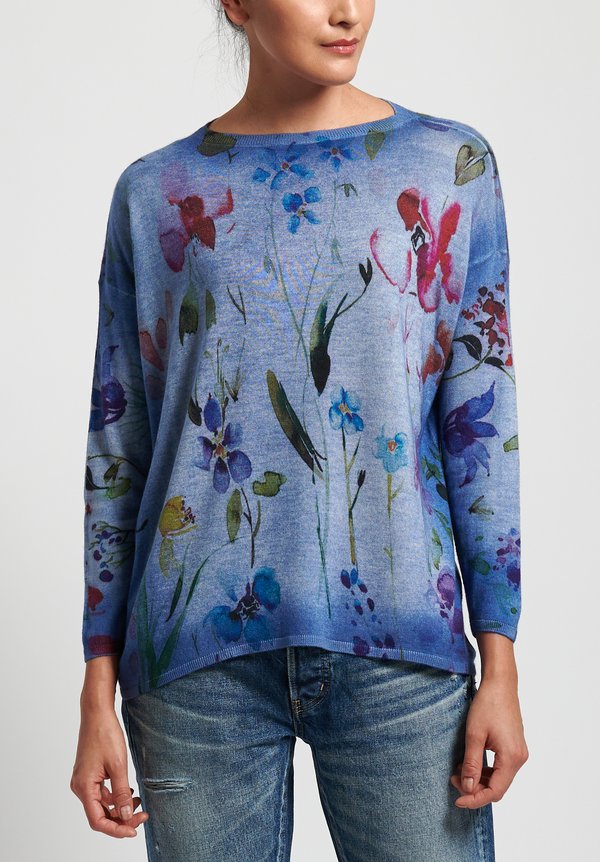 Avant Toi Cashmere/ Silk Lightweight Floral Barchetta Sweater in Denim
