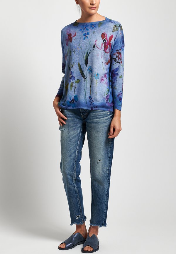 Avant Toi Cashmere/ Silk Lightweight Floral Barchetta Sweater in Denim