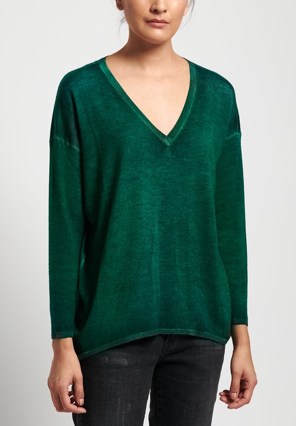 Avant Toi Lightweight Cashmere/ Silk V-Neck Sweater in Nero/ Smeraldo