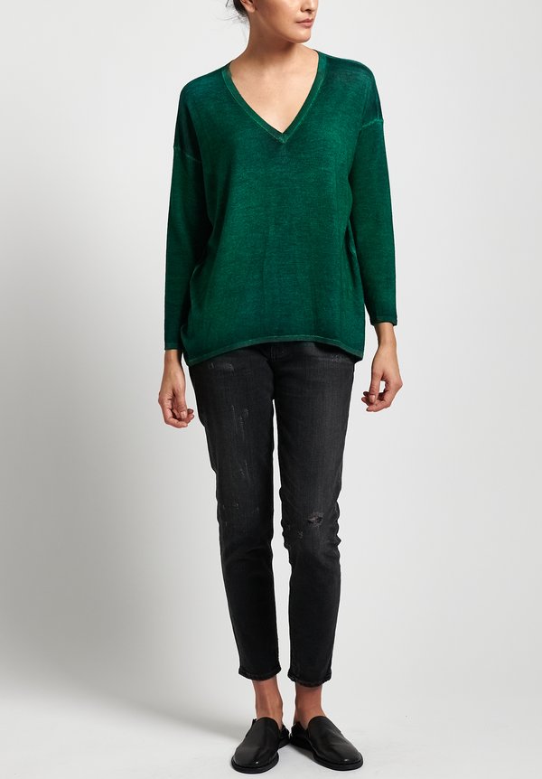 Avant Toi Lightweight Cashmere/ Silk V-Neck Sweater in Nero/ Smeraldo