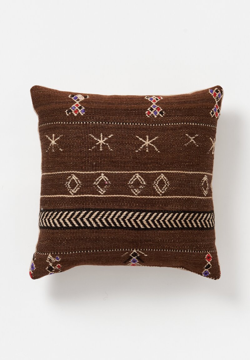 Antique and Vintage Wool Hand Loomed Moroccan Square Pillow with Embroidery in Brown