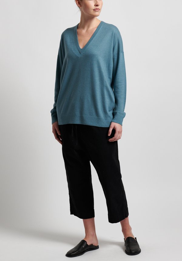 Frenckenberger Cashmere Oversized Deep V-Neck Sweater in Blue