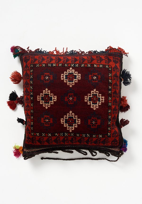 Antique and Vintage Afghan Square Hand-Knotted Tassel Pillow in Maroon	