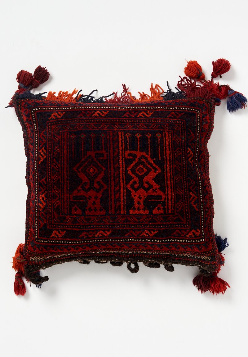Antique and Vintage Afghan Hand-Knotted Fringe Pillow in Maroon	