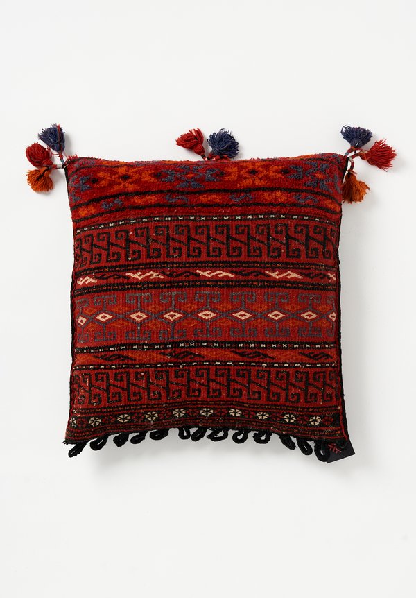 Antique and Vintage Afghan Soumak & Hand-Knotted Square Pillow in Red	