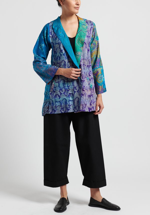 Mieko Mintz 2-Layer Vintage Silk Long Flare Jacket in Purple/ Teal