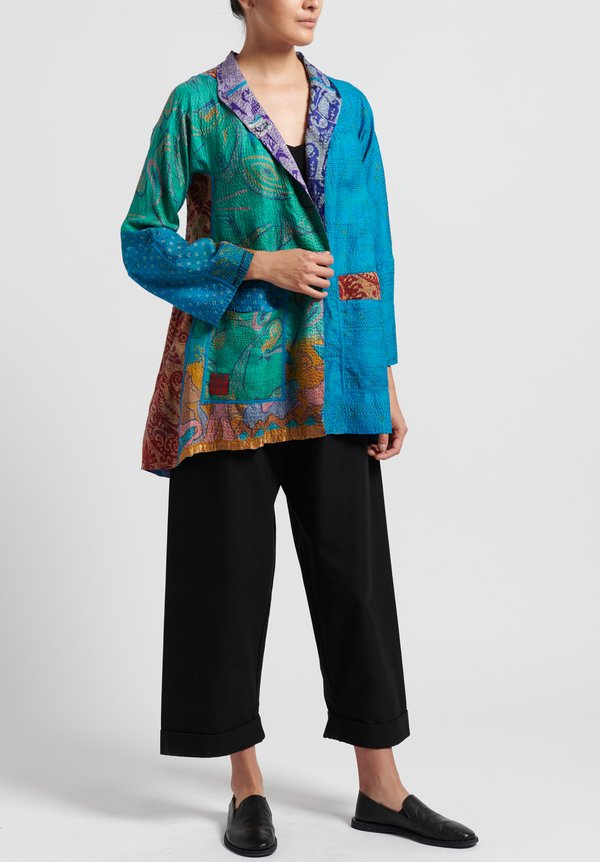Mieko Mintz 2-Layer Vintage Silk Long Flare Jacket in Purple/ Teal