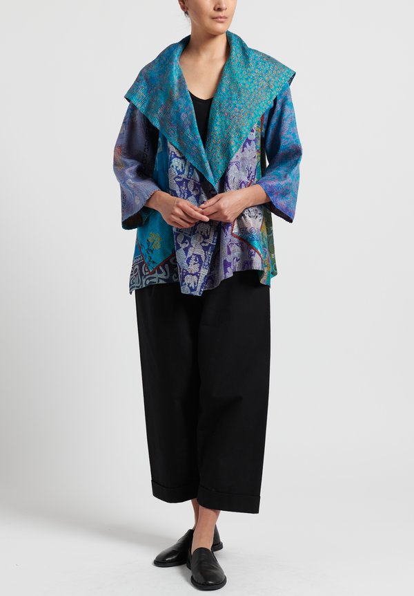Mieko Mintz 2-Layer Vintage Silk Flare Jacket in Turquoise/ Purple