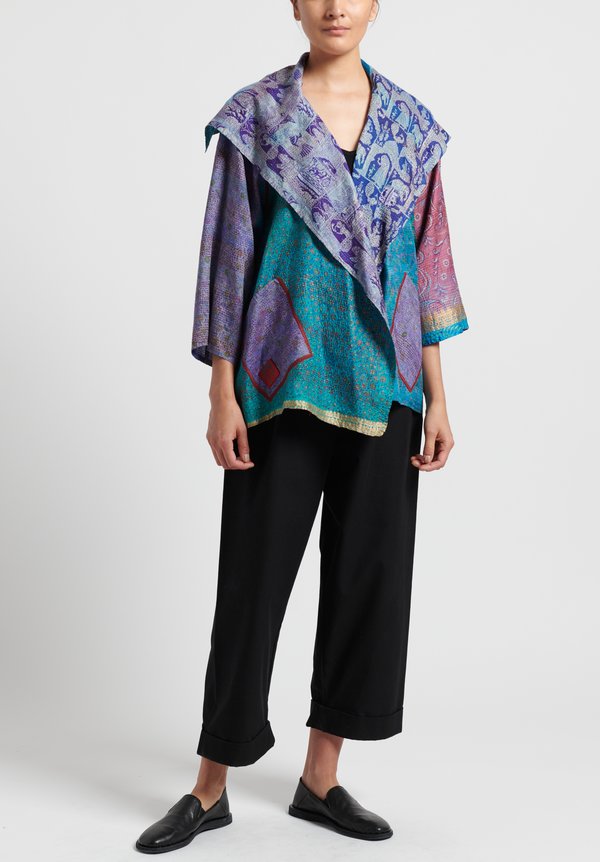 Mieko Mintz 2-Layer Vintage Silk Flare Jacket in Turquoise/ Purple