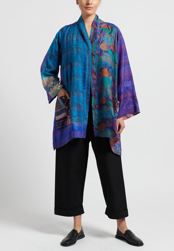 Mieko Mintz 2-Layer Vintage Silk Kimono Duster in Teal/ Purple
