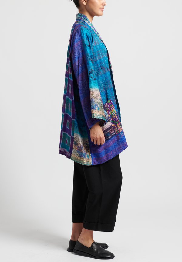 Mieko Mintz 2-Layer Vintage Silk Kimono Duster in Teal/ Purple