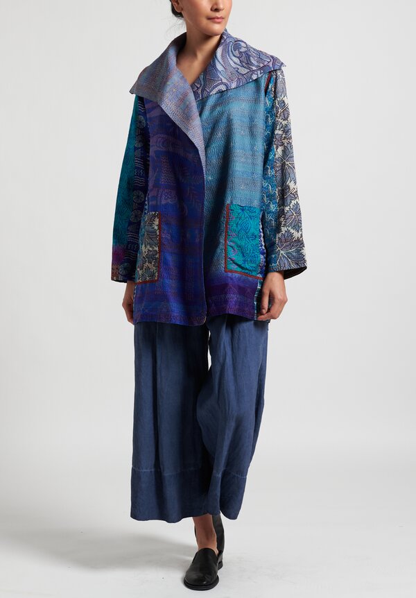 Mieko Mintz 2-Layer Vintage Silk Pocket Jacket in Teal/ Blue	