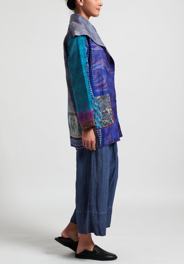 Mieko Mintz 2-Layer Vintage Silk Pocket Jacket in Teal/ Blue	
