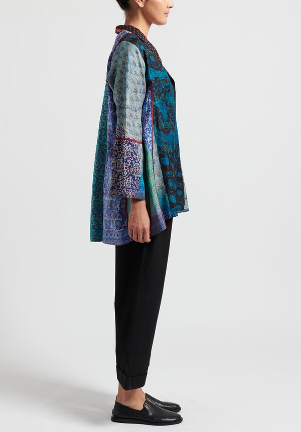 2-Layer Vintage Silk Long Flare Jacket in Turquoise/ Multi