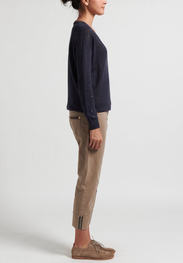 Brunello Cucinelli Linen/ Silk Paillette V-Neck Sweater in Navy	