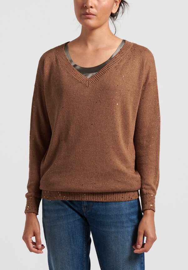 Brunello Cucinelli Linen/ Silk Paillette V-Neck Sweater in Copper	