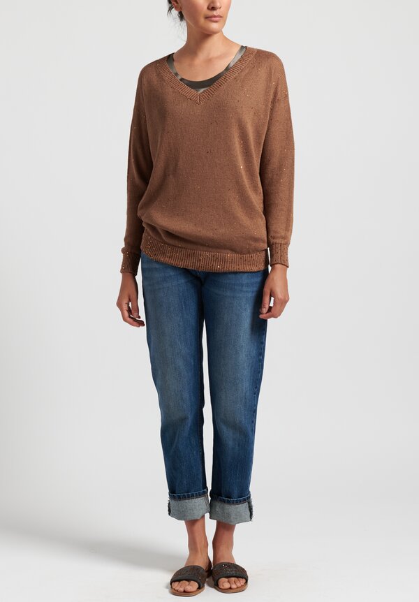 Brunello Cucinelli Linen/ Silk Paillette V-Neck Sweater in Copper	