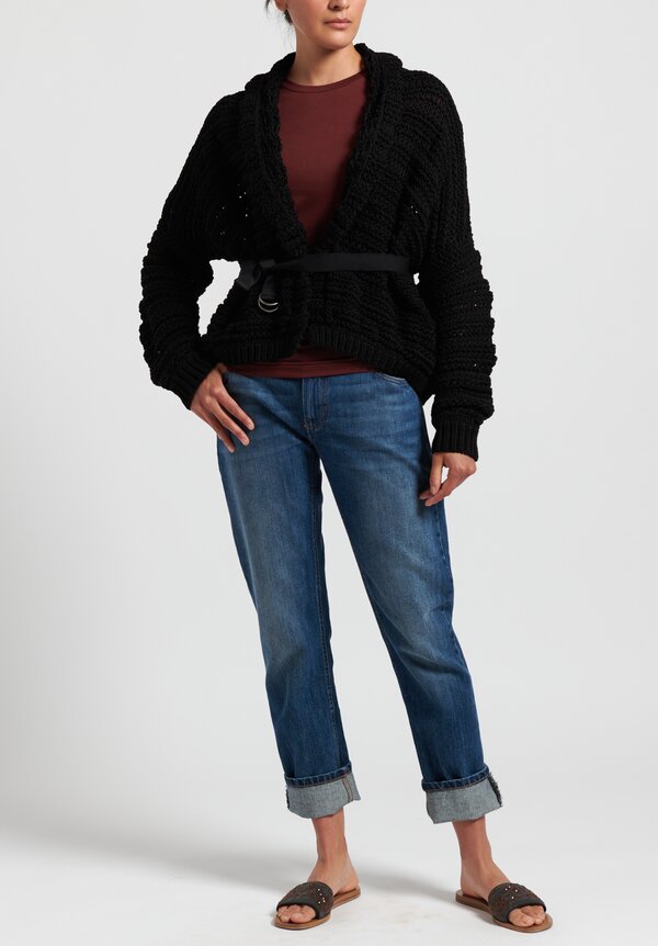 Brunello Cucinelli Cotton Chunky Knit Belted Cardigan in Black	